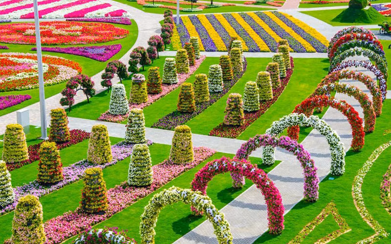Khu vườn diệu kỳ Dubai – Dubai cũng mới khai trương vườn hoa tự nhiên lớn nhất thế giới vào ngày Valentine năm nay rộng 72.000 m2 với 45 triệu bông hoa. Đặc biêt, hoa ở đây được trồng thành nhiều hình dạng như trái tim, ngôi sao, lều tuyết, kim tự tháp...
