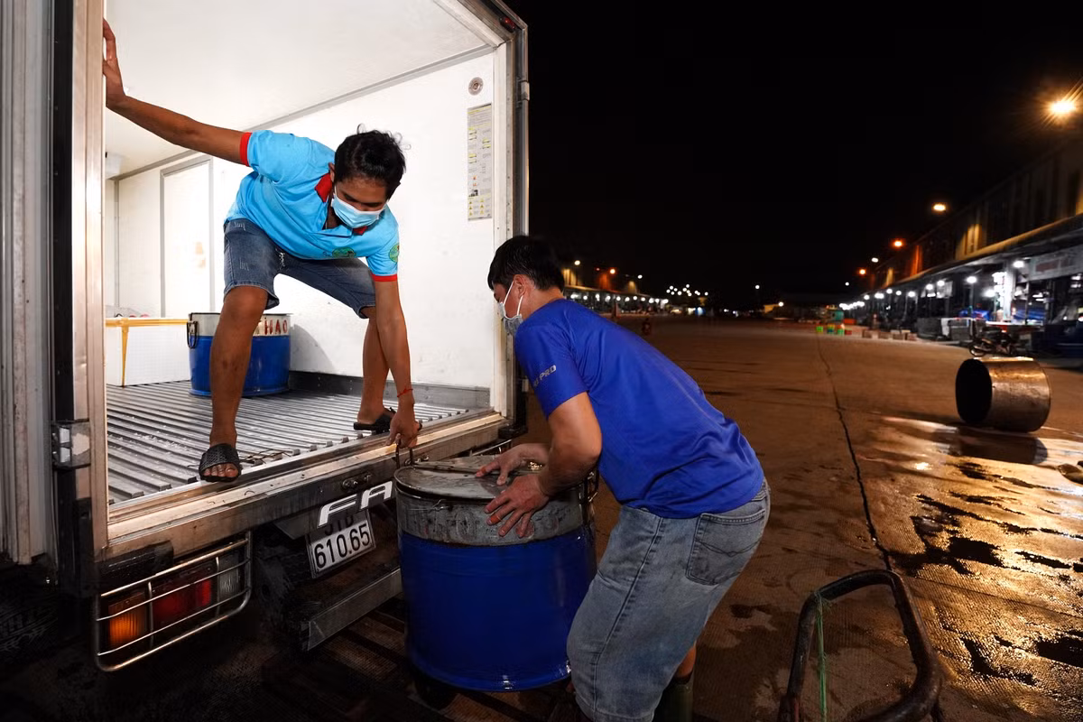 Các xe chở hàng ở các tỉnh đổ về điểm trung chuyển để tập kết hàng hóa tại chợ đầu mối Bình Điền, trong đó chủ yếu là hải sản, rau củ, thịt heo...