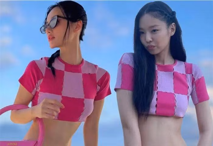 Khánh Linh The Face chẳng ngán đụng hàng Jennie chiếc áo croptop ngắn cũn khoe vòng eo không chút mỡ thừa.