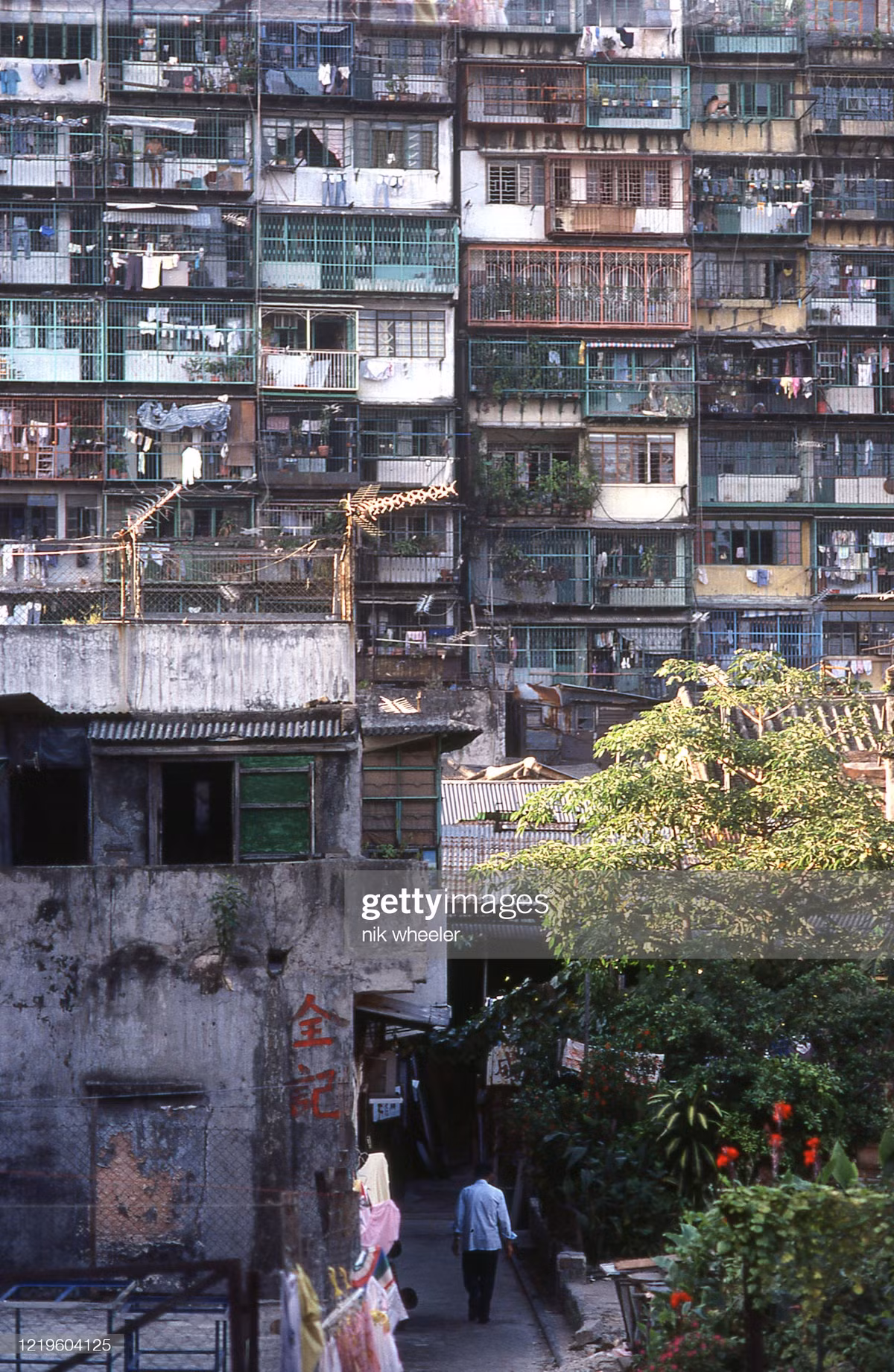 Lối vào một tòa nhà ở khu ổ chuột Thành Trại Cửu Long, 1980.