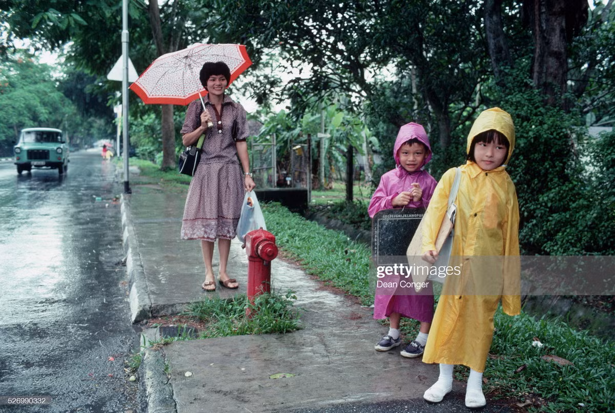 Bà mẹ và hai trẻ nhỏ chờ xe buýt dưới mưa.