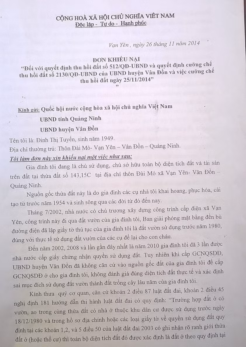 Đơn khiếu nại của gia đình bà Tuyến.