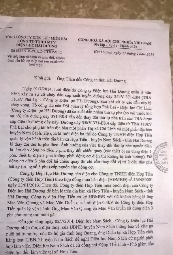 Công văn Điện lực Hải Dương gửi GĐ Công an tỉnh Hải Dương.