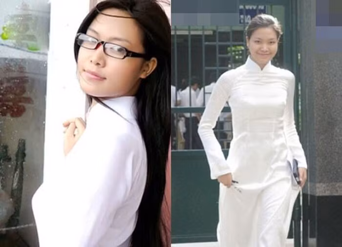 Hoa hậu Thùy Dung mộc mạc thời đi học, cô sở hữu mái tóc dàu đen óng ả.