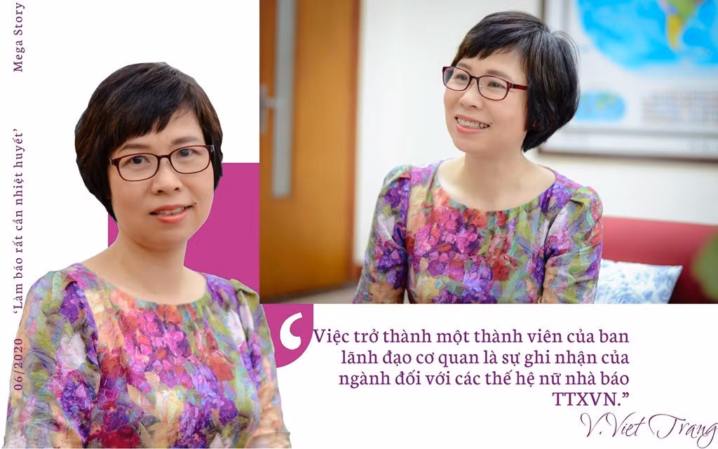 Ngày 17/11/2017, bà Vũ Việt Trang được Thủ tướng Chính phủ bổ nhiệm vào vị trí Phó Tổng Giám đốc TTXVN. Bà là Ủy viên Ban Thường vụ Đảng ủy, Trưởng ban Tuyên giáo Đảng ủy TTXVN; Chủ tịch Liên chi hội nhà báo TTXVN (từ tháng 6/2020 đến nay).