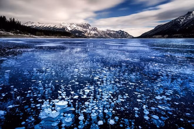  Cảnh sắc thiên nhiên ở hồ Abraham ở Alberta (Canada) đẹp như một bức tranh với bề mặt hồ nước trông như một tấm gương, nhưng ẩn dưới bề mặt của hồ là một làn nước lạnh trong veo.