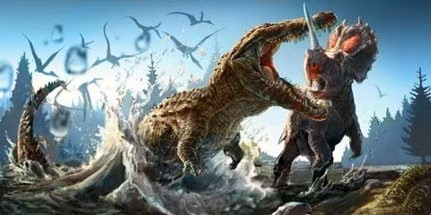  3. Deinosuchus. Người ta coi cá sấu hiện đại là một loài khủng long sống, nhưng trước đây cá sấu từng săn và ăn thịt những con khủng long bạo chúa T-Rex. Deinosuchus là một loài cá sấu đã tuyệt chủng sống trong kỷ Phấn trắng. Trong tiếng Hy Lạp, Deinosuchus có nghĩa là "cá sấu khủng khiếp".