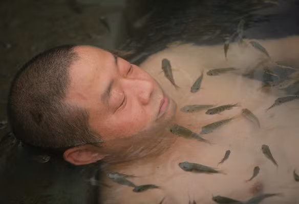 Tắm cùng cá. Không chỉ dùng cá với mục đích massage chân, cũng ở Trung Quốc, tại một khu nghỉ dưỡng có suối nước nóng ở thành phố Trùng Khánh, du khách còn có thể ngâm toàn bộ cơ thể mình trong bồn tắm có thả những loài cá nước ngọt. Loài cá này sẽ giúp tẩy da chết, đem lại sự sảng khoái cho người sử dụng.