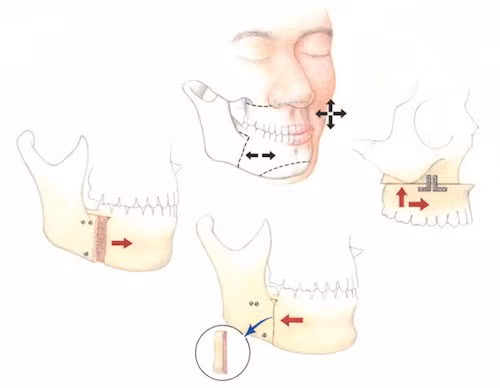 Phương pháp chỉnh cằm được minh họa bằng hình ảnh 3D, ở phương pháp này, các bác sĩ sẽ loại bỏ 1 phần xương cằm theo chiều dọc ở một bên cằm, sau đó dùng đinh y tế kéo xương khít lại gần nhau và cố định, cách này làm cho khuôn mặt nhỏ gọn hơn.