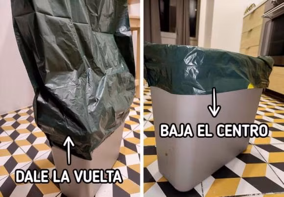Cách thiết thực nhất để đặt túi rác vào bên trong thùng chứa là lộn trái túi ra ngoài, đặt túi lên trên thùng rác, sau đó nhét miệng túi xuống.