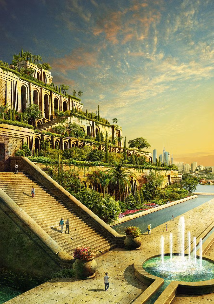 Để tưới nước cho hoa và cây của khu vườn, các nô lệ phải luân phiên nhau đưa nước từ dòng sông Euphrates lên khu vườn. Nước được lấy từ 3 giếng có máy thuỷ lực quay với hệ thống gàu nước đưa lên cao chảy theo các rãnh thoai thoải tưới cho toàn khu vườn.