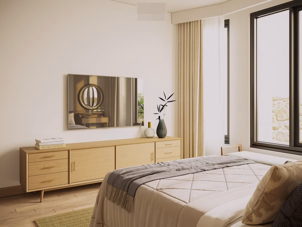 Sự kết hợp màu sắc trung tính, vật liệu tự nhiên làm nên vẻ đẹp của không gian phòng ngủ.