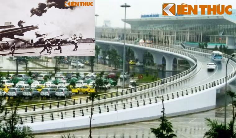 Cảng Hàng không Quốc tế Tân Sơn Nhất hiện đại sau 39 năm thống nhất đất nước (ảnh lớn) và thời khắc quân Giải phóng tiến vào sân bay Tân Sơn Nhất sáng 30/4/1975 (ảnh nhỏ).