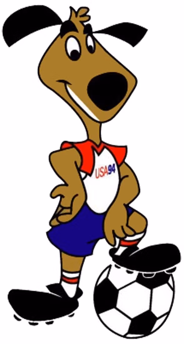 Sau chú sư tử của World Cup 1966, đến World Cup Hoa Kỳ 1994, linh vật lại là một loài vật quen thuộc. Đó là Striker, chú chó mặc đồng phục cầu thủ bóng đá màu đỏ, trắng và xanh với dòng chữ "USA 94". Ảnh: Pinterest.