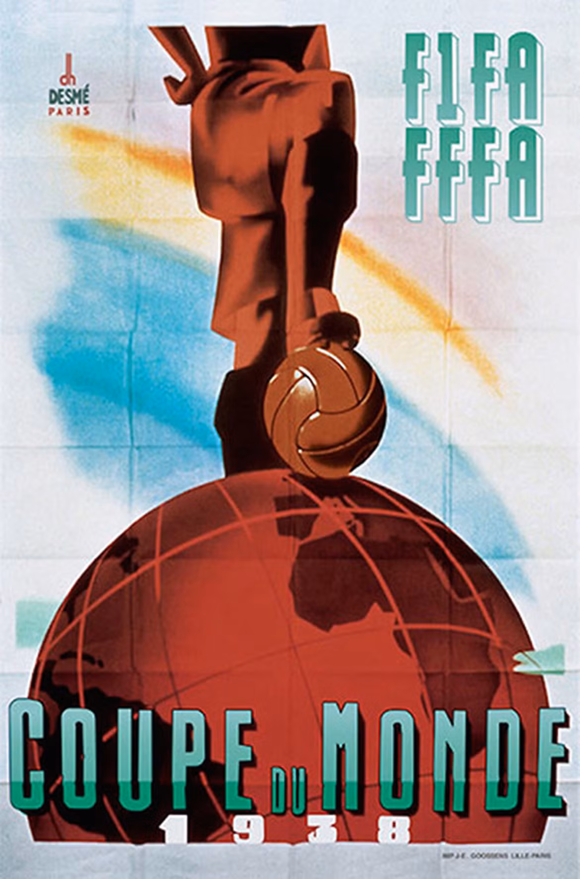 Poster World Cup Pháp 1938 khá u ám, như dự cảm về cuộc tranh chiến tàn khốc nhất trong lịch sử nhân loại sẽ nổ ra một năm sau đó. Ảnh: FIFA.
