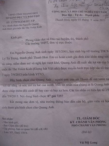 Công văn được cho là của Sở Giáo dục & Đào tạo tỉnh Thanh Hóa.