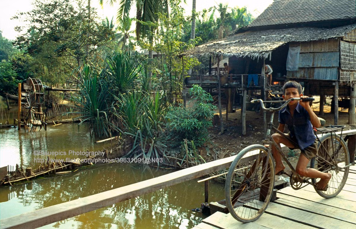 Cậu bé trên chiếc cầu gỗ bắc qua sông Siem Reap.