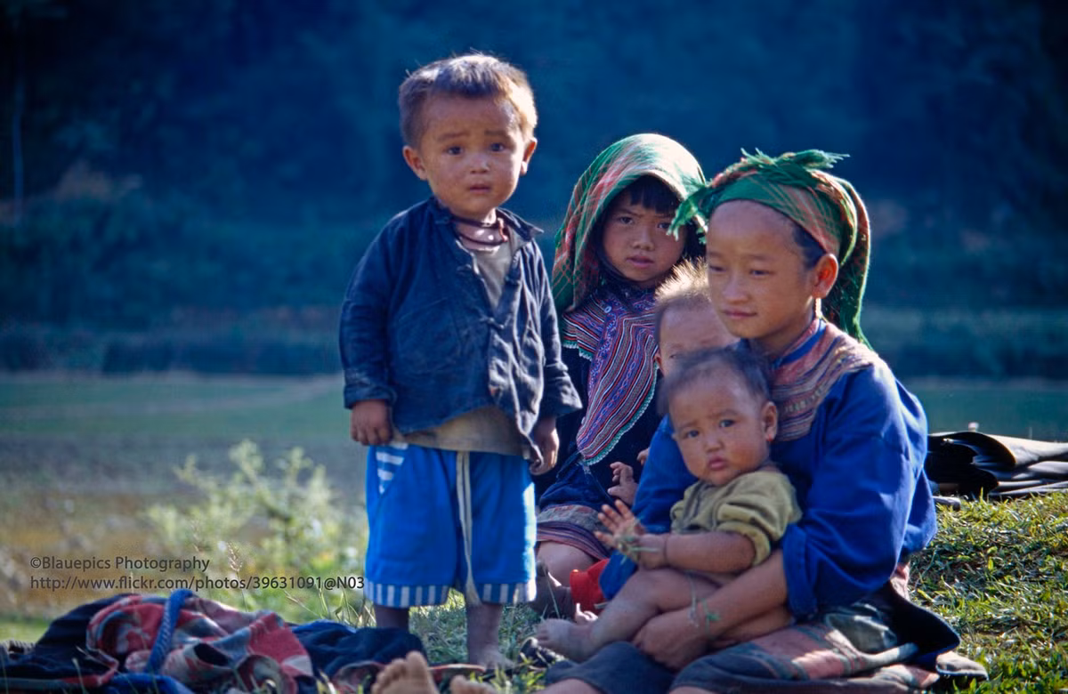 Trẻ em ngồi chơi trên bờ ruộng khi cha mẹ làm việc.