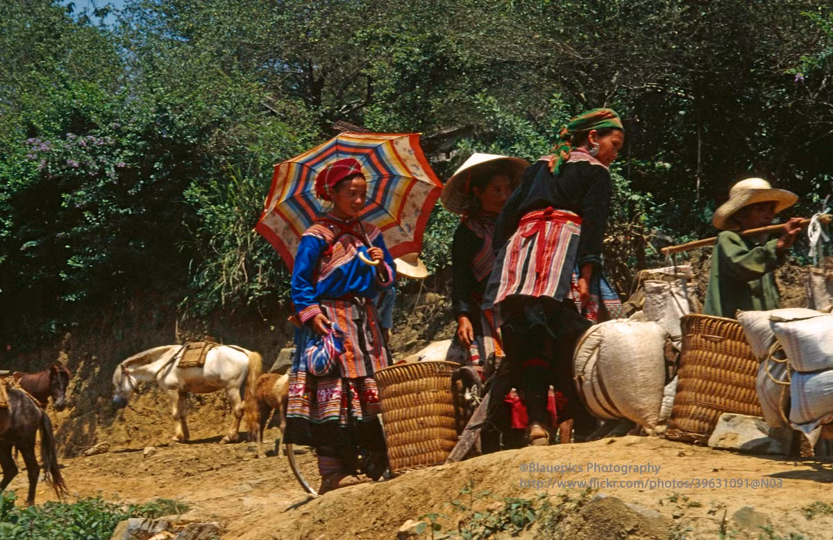 Đồng bào dân tộc H'Mông mang vác hàng hóa đến chợ phiên Bắc Hà, thị trấn Bắc Hà, Lào Cai năm 1998.
