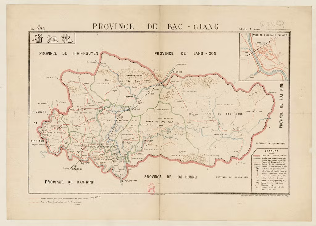 Bản đồ tỉnh Bắc Giang năm 1910. Thị xã Phủ Lạng Thương nằm ở góc dưới bên trái.