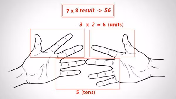 7x8 kết quả là 56 3x2 = 6 (đơn vị) 5 (hàng chục). Dùng 2 ngón tay, số lẻ ngoài 5 ngón tay là 3 và 2, nhân lên ra kết quả hàng đơn vị, 5 ngón tay giữ nguyên là kết quả hàng chục, cho ra kết quả là 56.