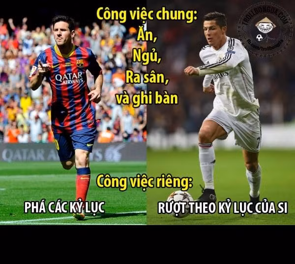 Rất nhiều điểm chung giữa Messi và Ronaldo nhưng chỉ có một điểm riêng đó là Messi phá các kỷ lục còn Ronaldo thì chạy theo các kỷ lục của Messi.