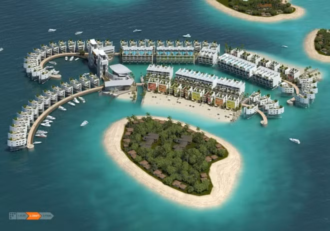  The World (Dubai, Các tiểu vương quốc Ả Rập thống nhất): Đây là một dự án nữa của công ty Nakheel Properties, khởi công vào năm 2003, gồm 300 hòn đảo nhỏ tạo thành hình bản đồ thế giới. Tuy nhiên, trong cuộc khủng hoảng tài chính năm 2008, World phải ngừng thi công. Tới năm 2003, chỉ có hòn đảo tạo mô phỏng Greenland và Lebanon được xây dựng. Tuy nhiên, không may là hai hòn đảo này bị sụt lún xuống biển. Dù vậy, chủ đầu tư mới Kleindienst Group hy vọng sẽ vực dậy The World một cách hoành tráng với những hòn đảo tạo hình trung tâm châu Âu vào năm 2020. Ảnh: Getty Images
