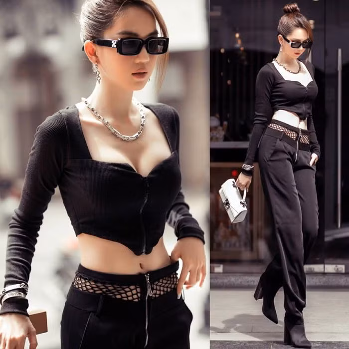 Lần khác, cô nàng lại diện set đồ đen, phần đai quần làm chất liệu lưới lạ mắt. Bất cứ lần nào Ngọc Trinh xuất hiện đều có thể biến sân bay thành sàn catwalk của mình. Những sự đầu tư đó đã được đền đáp xứng đáng bằng những lời ngợi ca không ngớt, giúp Ngọc Trinh khẳng định đẳng cấp và duy trì độ hot như hiện tại.