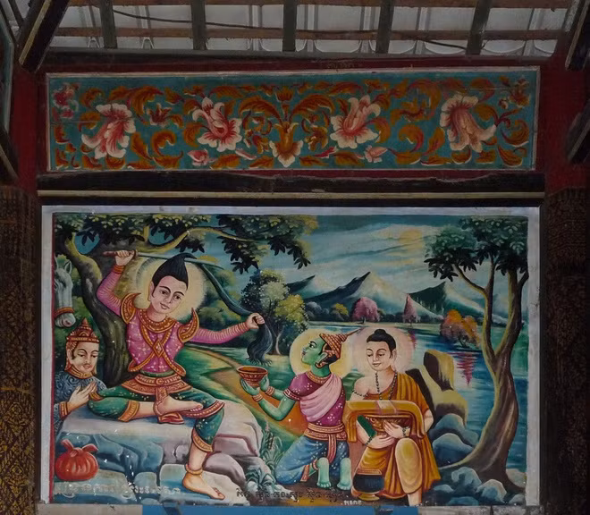 Tranh tường Phật cắt tóc đi tu (ở chánh điện chùa Seray Kandal, Vĩnh Châu, Sóc Trăng).