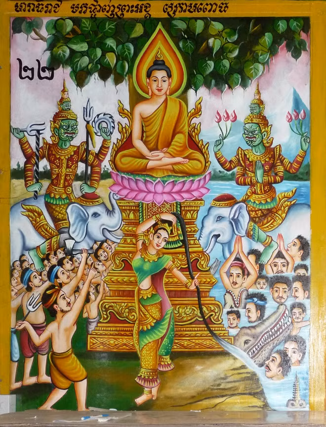 Tranh tường điển tích Đánh bại Ma Vương (Mara) ở chánh điện chùa Âng, thành phố Trà Vinh).