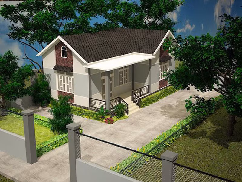 Hình khối, màu sắc trẻ trung, nhã nhặn, mẫu nhà này thu hút người nhìn bởi phối cảnh sinh động, mang đến không gian mát mẻ, tươi tắn, thanh bình