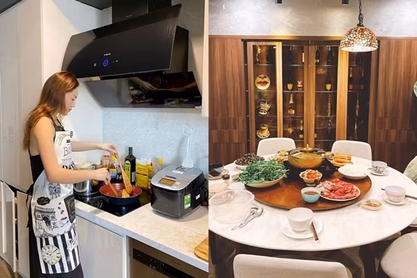 Không gian bếp màu trắng tinh tế Hoa hậu, cũng là một người chơi đồ hiệu có tiếng, cô tư sắm cho mình những món đồ với thương hiệu nổi tiếng thế giới như Chanel, Gucci, Louis Vuitton... và đây chính là nơi mà Kỳ Duyên vô cùng yêu quý.