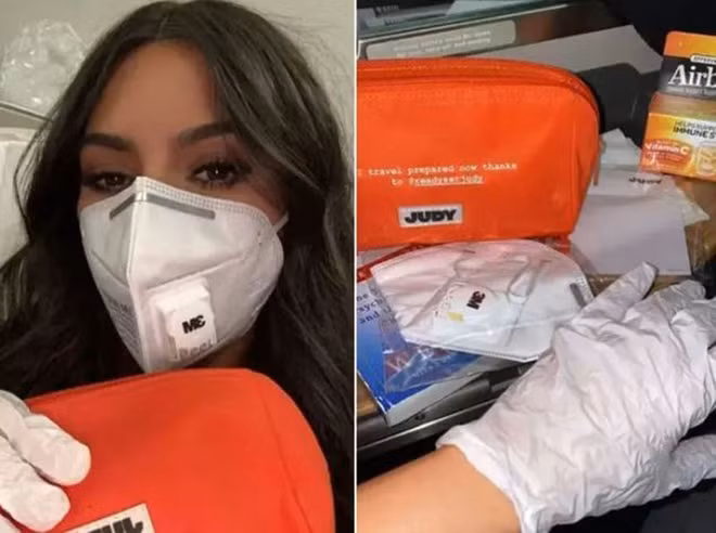 Kim Kardashian trang bị rất nhiều khẩu trang, găng tay cao su và vitamin C mỗi khi ra đường. Thời gian gần đây, ngôi sao truyền hình thực tế di chuyển bằng máy bay khá nhiều.