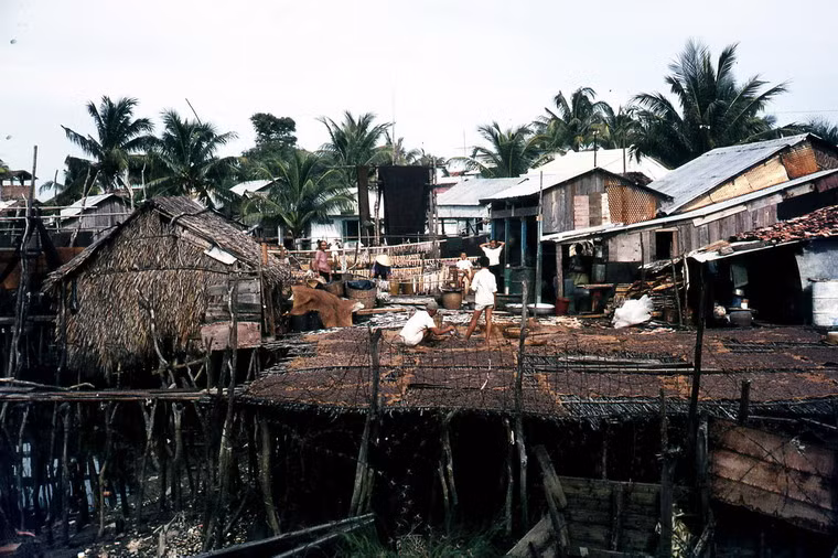 Người dân phơi cá khô ở làng chài.