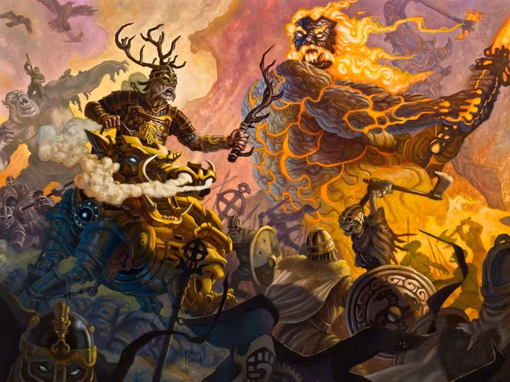  5. Cái chết của Odin, Thor và Loki. Odin bị Fenrir nuốt chửng. Thor giết được Jörmungandr nhưng cũng chết ngay sau đó vì nọc độc của con rắn. Loki chiến đấu với Heimdall và cả hai cùng bỏ mạng. Ảnh: Pinterest.