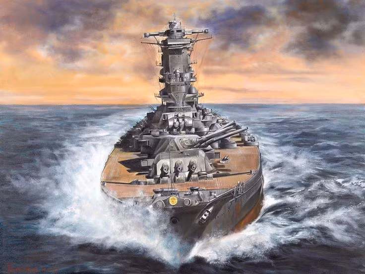  2. Nhiệm vụ cuối cùng của Yamato là một cuộc tấn công cảm tử. Vào tháng 4 năm 1945, Yamato được lệnh thực hiện Chiến dịch Ten-Go, một nhiệm vụ tự sát nhằm ngăn chặn cuộc đổ bộ của quân Đồng minh lên Okinawa. Con tàu được yêu cầu chiến đấu đến hơi thở cuối cùng mà không có kế hoạch quay về. Ảnh: Pinterest.