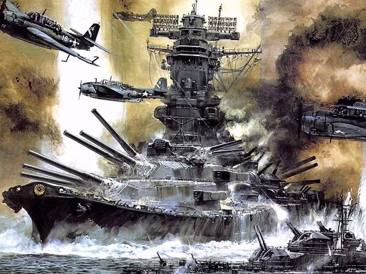  4. Yamato bị phát hiện và tấn công trước khi đến mục tiêu. Ngày 7 tháng 4 năm 1945, trước khi có thể đến Okinawa, Yamato bị máy bay do thám Mỹ phát hiện. Không lâu sau đó, một lực lượng lớn máy bay ném bom và máy bay tiêm kích xuất kích từ tàu sân bay Mỹ để tiêu diệt con tàu. Ảnh: Pinterest.