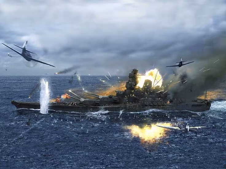  6. Vụ nổ cuối cùng của Yamato cực kỳ dữ dội. Khi nước tràn vào kho đạn chính, một vụ nổ khủng khiếp xảy ra, tạo thành một quả cầu lửa cao hàng km và có thể nhìn thấy từ khoảng cách hơn 160 km. Vụ nổ này đánh dấu hồi kết của con tàu huyền thoại. Ảnh: Pinterest.