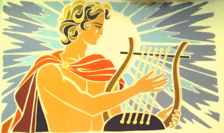  4. Hermes phát minh ra đàn Lyre. Để xoa dịu thần Apollo sau khi ăn trộm bò, Hermes đã tạo ra đàn Lyre từ mai rùa và dây ruột bò, sau đó tặng lại cho Apollo. Điều này giúp ông được tha thứ và cũng khiến Apollo yêu thích âm nhạc hơn. Ảnh: Pinterest.