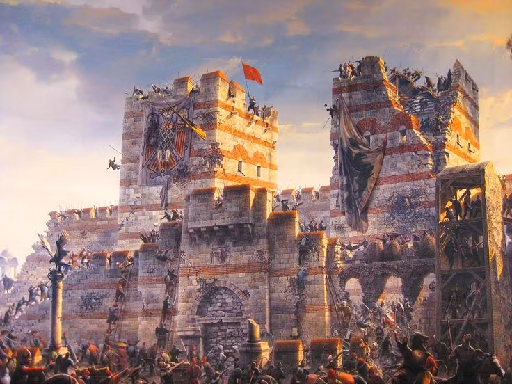  3. Thành phố có hệ thống phòng thủ gần như bất khả xâm phạm. Constantinople nổi tiếng với các bức tường thành kiên cố, từng giúp thành phố đứng vững trước nhiều cuộc tấn công suốt hàng thế kỷ trước đó. Ảnh: Pinterest.