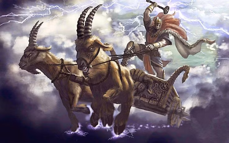  5. Có một cỗ xe được kéo bởi dê thần. Thor di chuyển bằng một cỗ xe kéo bởi hai con dê thần Tanngrisnir và Tanngnjóstr. Điều thú vị là nếu ông giết và ăn thịt chúng, chỉ cần giữ lại xương, ông có thể dùng Mjölnir để hồi sinh chúng vào ngày hôm sau. Ảnh: Pinterest.