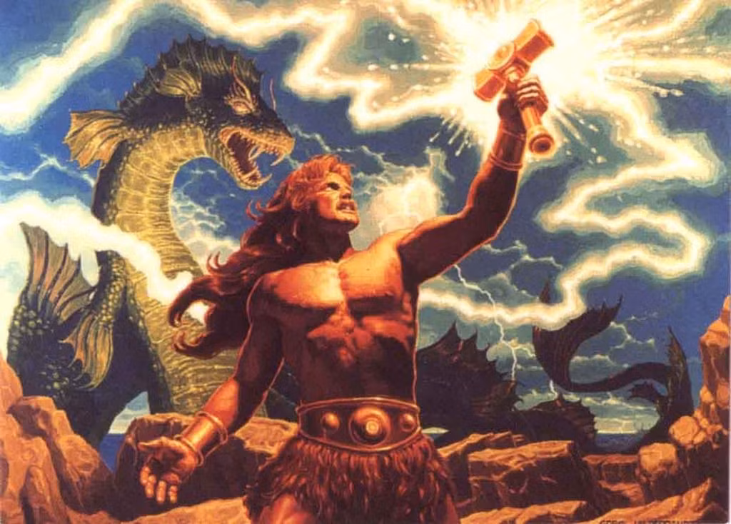  2. Vũ khí chính của Thor là búa Mjölnir. Mjölnir là một trong những vũ khí quyền năng nhất trong thần thoại Bắc Âu. Nó có thể triệu hồi sấm sét, phá hủy mọi thứ và luôn quay trở lại tay Thor sau khi được ném đi. Ảnh: Pinterest.