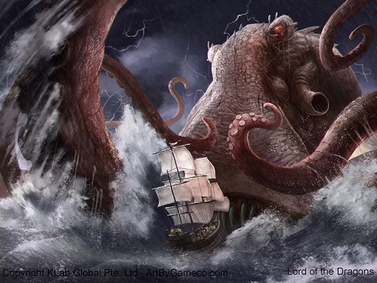  4. Lần đầu tiên được ghi chép trong thế kỷ 18. Nhà khoa học Đan Mạch Erik Pontoppidan đã mô tả Kraken trong cuốn sách The Natural History of Norway (1752), nói rằng nó có thể kéo cả một con tàu lớn xuống biển sâu. Ảnh: Pinterest.