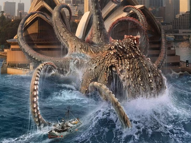  2. Có kích thước khổng lồ, có thể nuốt cả tàu thuyền. Một số mô tả cho rằng Kraken to bằng một hòn đảo nhỏ, với xúc tu dài hàng chục mét, đủ để quấn lấy những con tàu lớn và kéo chúng xuống đáy biển và nuốt chửng. Ảnh: Pinterest.