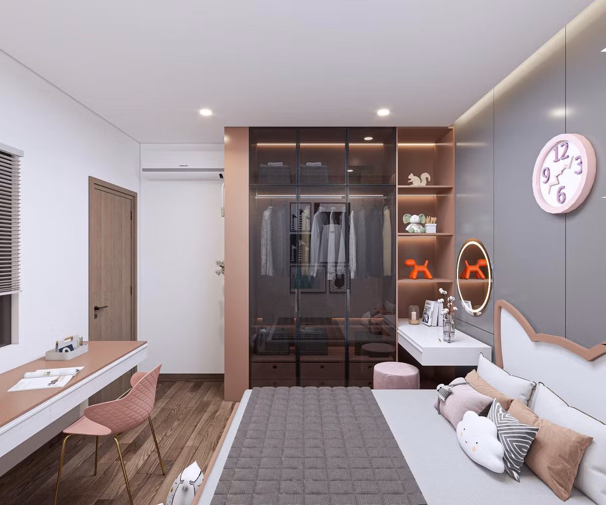 Phòng ngủ cho bé gái với gam màu hồng pastel và đồ decor ngộ nghĩnh. Ngôi nhà được xây dựng lên để đáp ứng nguyện vọng của chủ nhân về một nơi “trú ẩn”, nơi mà gia đình có thể quây quần bên nhau. 