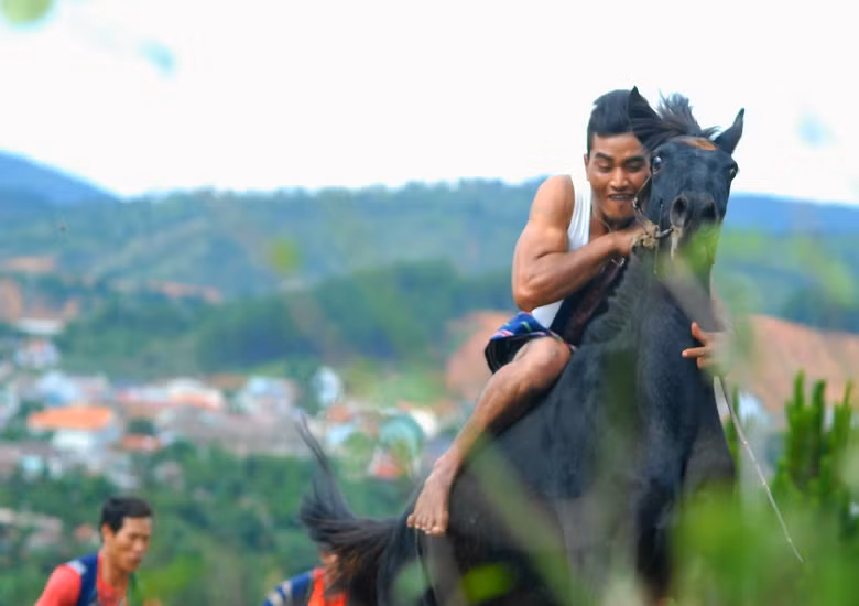 Kỵ sĩ này cố bám vào cổ ngựa để không bị văng ra ngoài trước sức phi mạnh mẽ của chú ngựa ô.