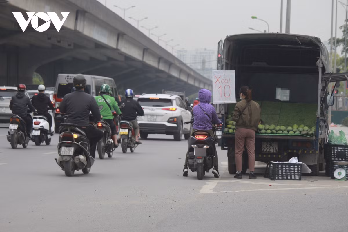 Trong ảnh, một chiếc xe chở xoài ngang nhiên đỗ lại ở lòng đường để bán hàng trên đường Nguyễn Xiển.