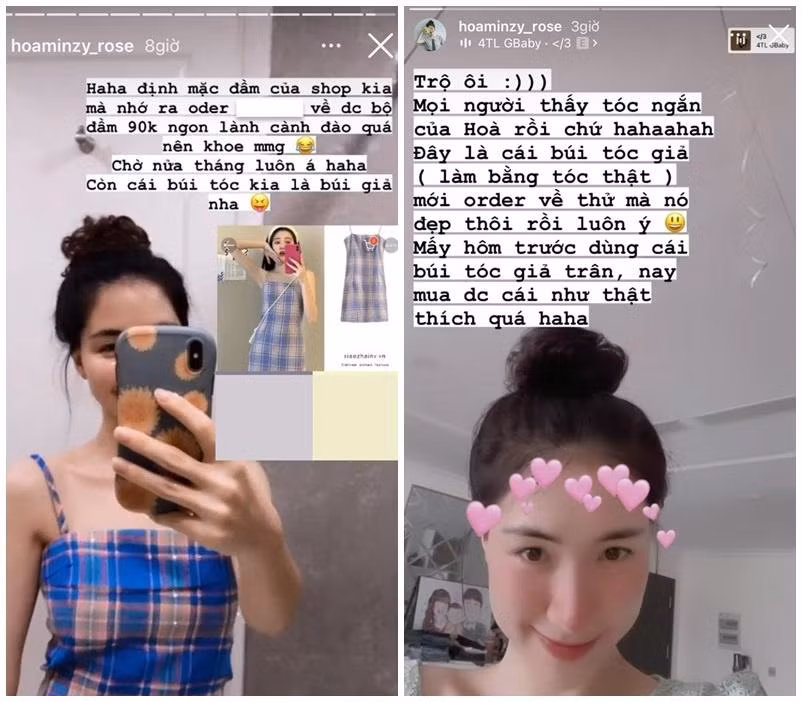 Ai cũng biết tóc thật của cô nàng đang là tóc ngắn, vậy nên việc tự búi trên tóc thật gần như "bất khả thi". Thế nên tóc giả là cách chữa cháy mà mẹ một con chọn lựa. Rút kinh nghiệm từ phen sắm tóc giả hơi "fail" lần trước (ảnh trái), Hòa Minzy đã quyết định chọn mua tóc búi thật và cô nàng đã thành công với giao diện cực "chim ưng"