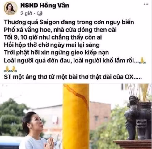 Bài đăng trên Fanpage Hồng Vân. Bài đăng này lập tức được dân mạng chụp lại và lan truyền rầm rộ trên các diễn đàn showbiz, vấp phải nhiều ý kiến trái chiều. Bên cạnh những khán giả bày tỏ sự chia sẻ, số khác lại tỏ ra phẫn nộ. Nguyên nhân xuất phát từ câu thơ: "Trời Phật hỡi xin ngừng gieo kiếp nạn". Nội dung này được cho là vô lý. Dân mạng cho rằng đại dịch là do chính con người gây ra, không phải do Trời Phật giáng xuống. Số khác cũng khuyên nữ diễn viên nên cẩn trọng lời ăn tiếng nói, nhất là trong giai đoạn nhạy cảm, dịch bệnh khó khăn.