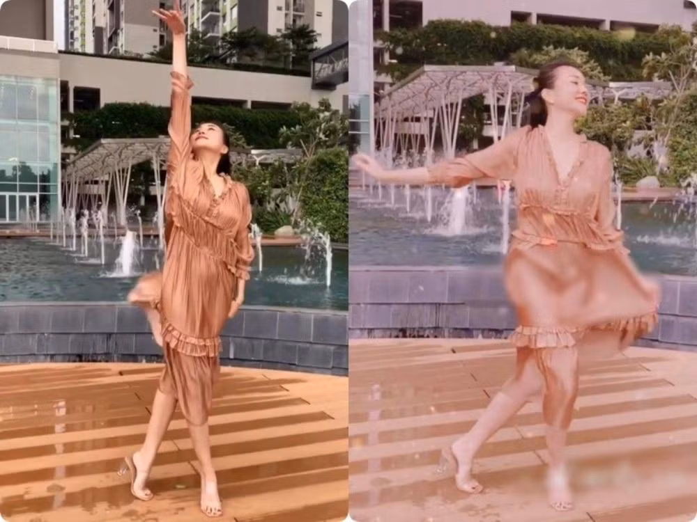 Chiếc đầm lụa mỏng manh của Thanh Hằng gặp cơn gió nhẹ là mọi điểm nhạy cảm được phơi bày.